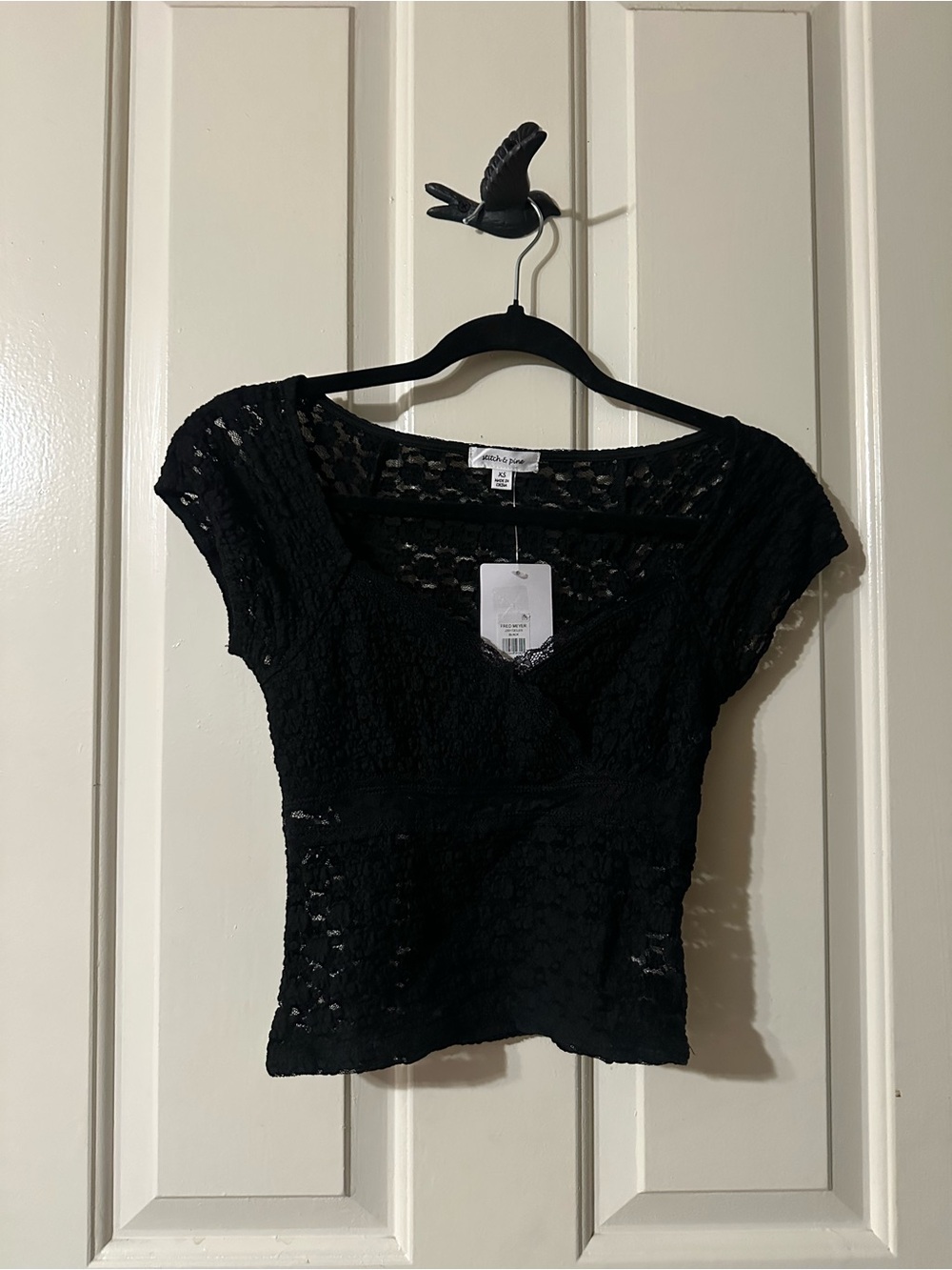 Black Lace Cap Sleeve V-Neck Blouse - Petite Feminine Top
